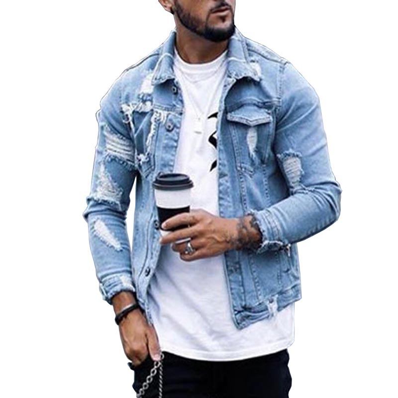 Lapel Herr Denim Jacka Ripped Irregular Washed Jacket