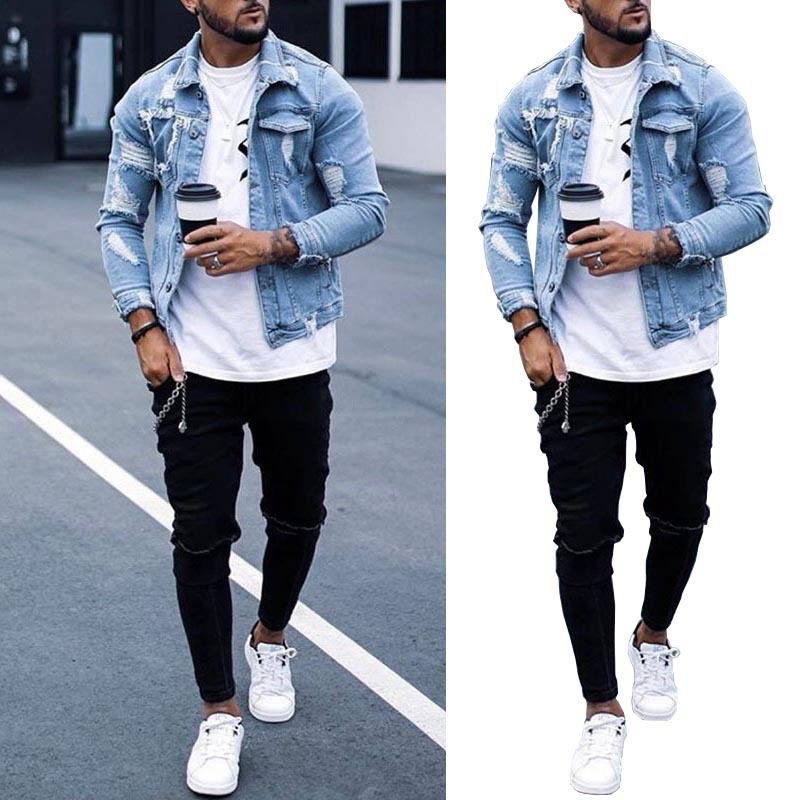 Lapel Herr Denim Jacka Ripped Irregular Washed Jacket