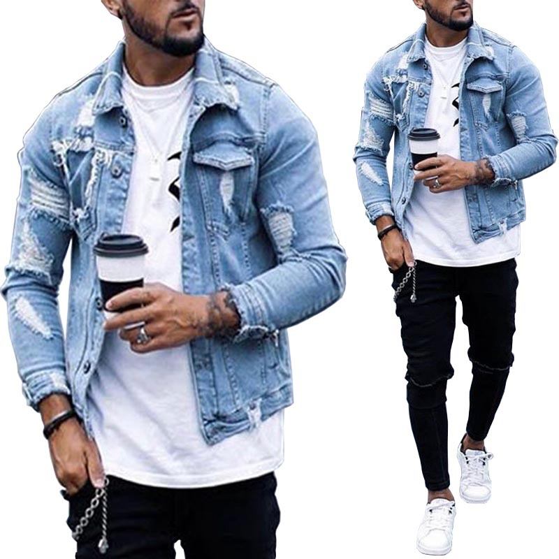 Lapel Herr Denim Jacka Ripped Irregular Washed Jacket