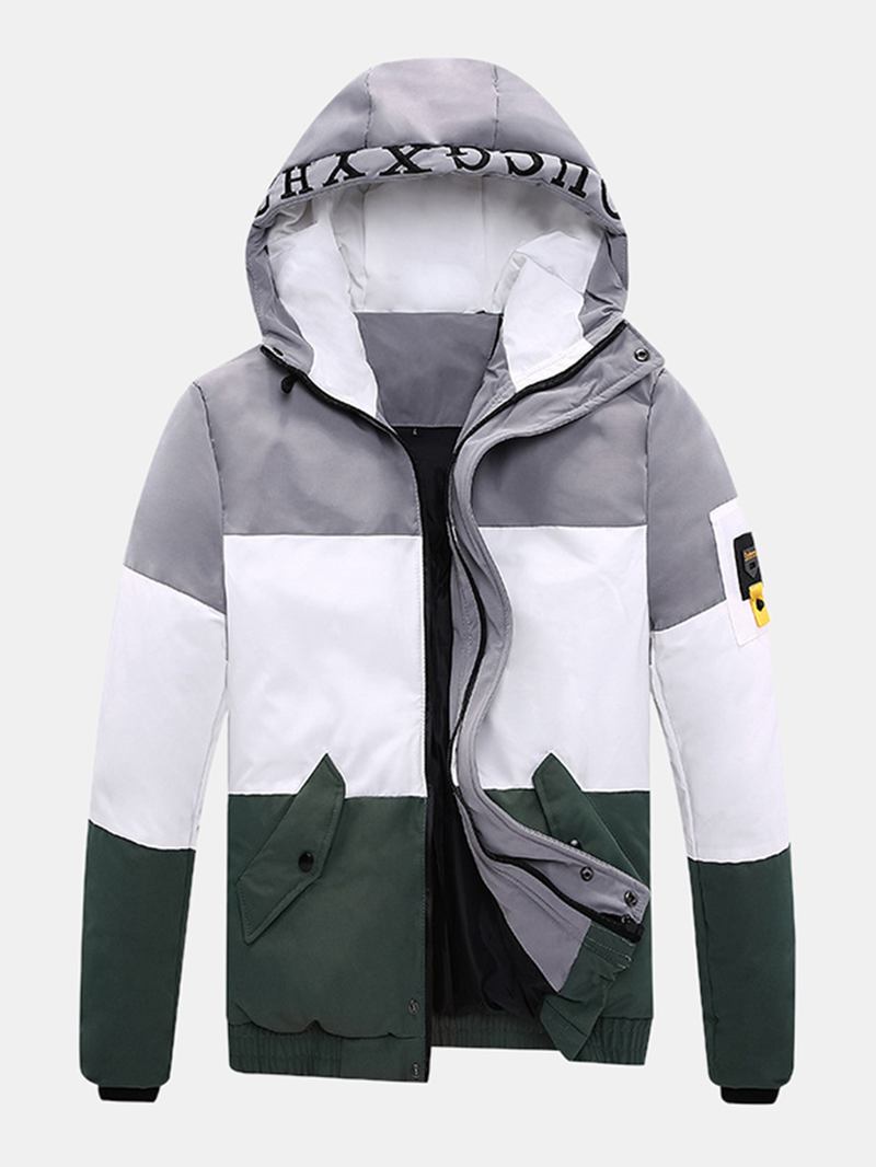 Män Letter Med Tryck Färg Block Patchwork Varm Hooded Puffer Jacka Med Ficka