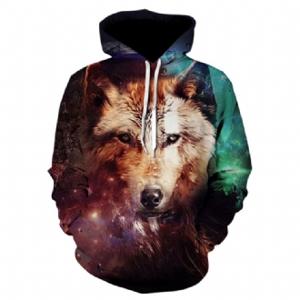 3d Färgglad Wolf Med Tryck Hooded Pocket Sweatshirt