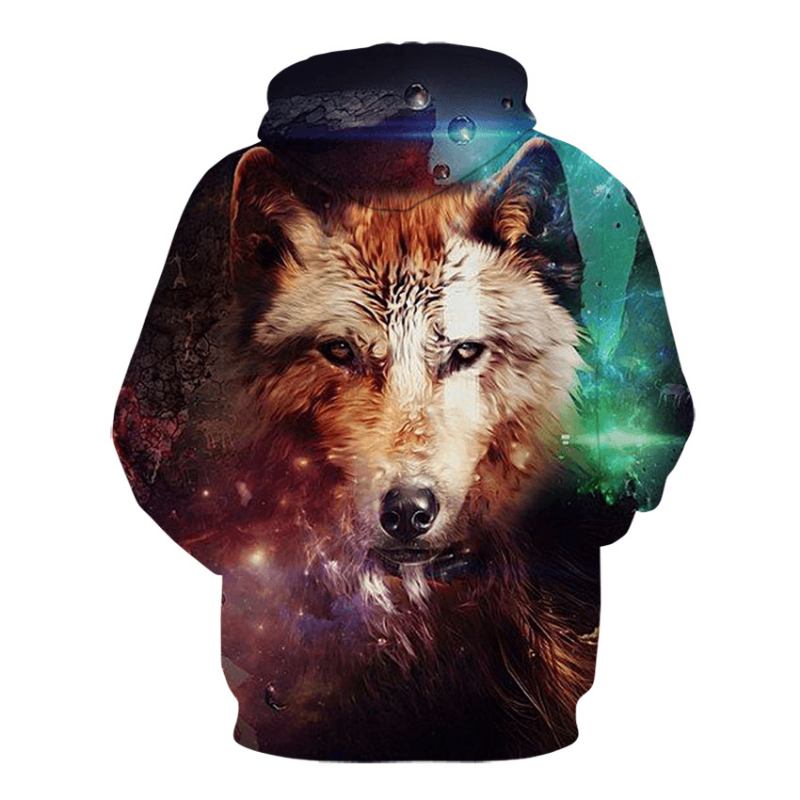 3d Färgglad Wolf Med Tryck Hooded Pocket Sweatshirt