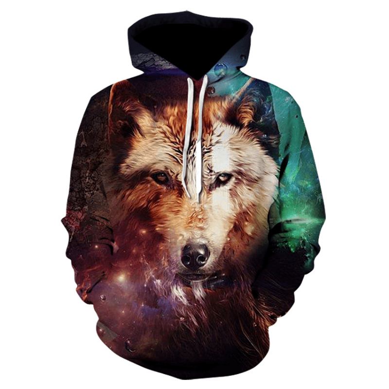 3d Färgglad Wolf Med Tryck Hooded Pocket Sweatshirt