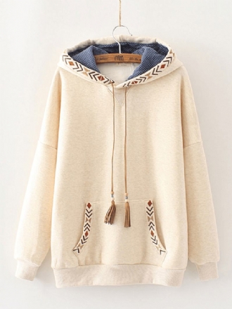 Broderade Patchwork Tofsar Långärmade Hoodies Sweatshirt