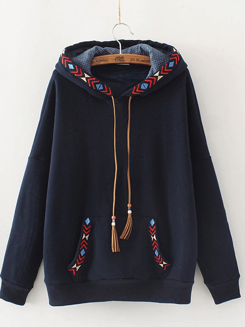 Broderade Patchwork Tofsar Långärmade Hoodies Sweatshirt