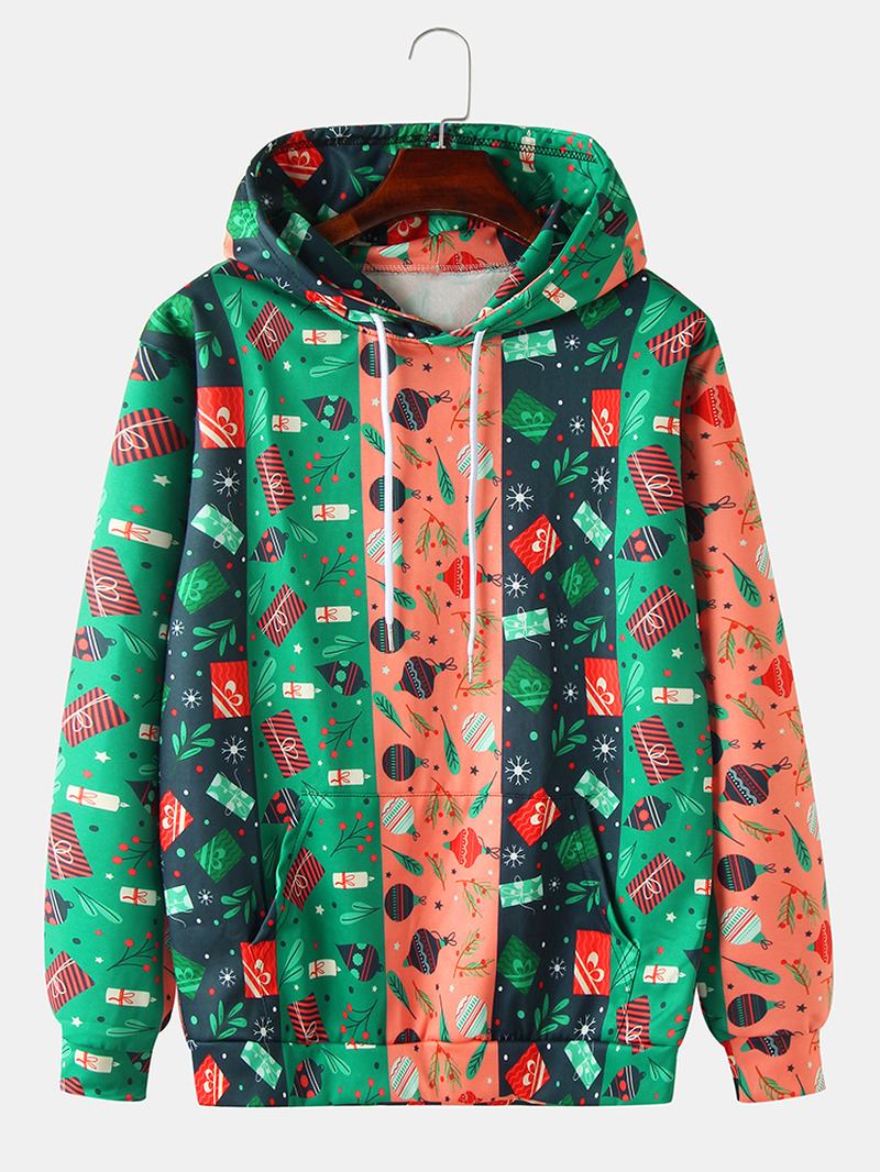 Christmas Herr Färg Block Cartoon Med Tryck Dragsko Hoodies Med Ficka