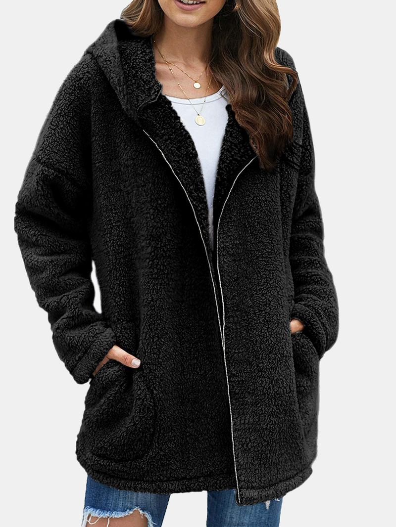 Dam Fluffy Solid Hel Dragkedja Huva Sidoficka Långärmad Varm Casual Hood Sweatshirts