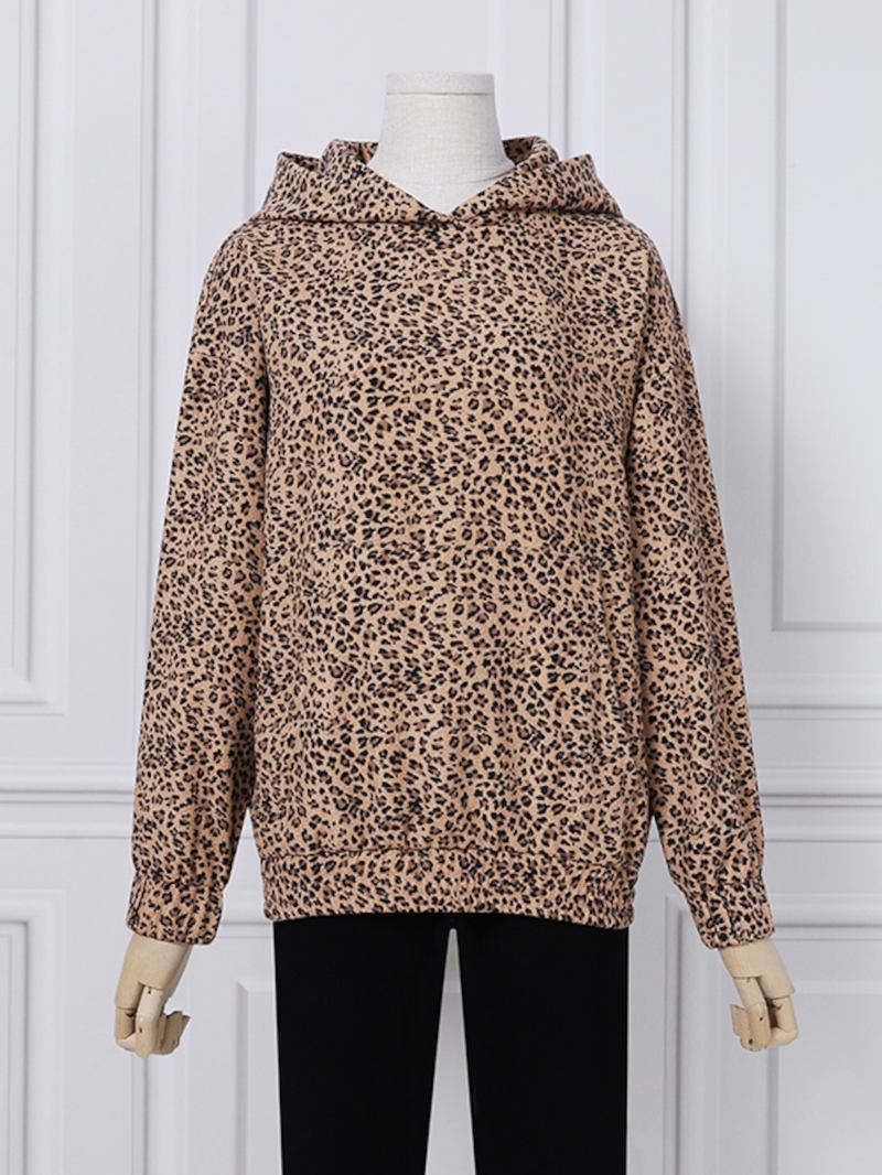 Dam Leopardtryckt Front Pocket Full Sleeve Hooded Collar Casual Sweatshirt