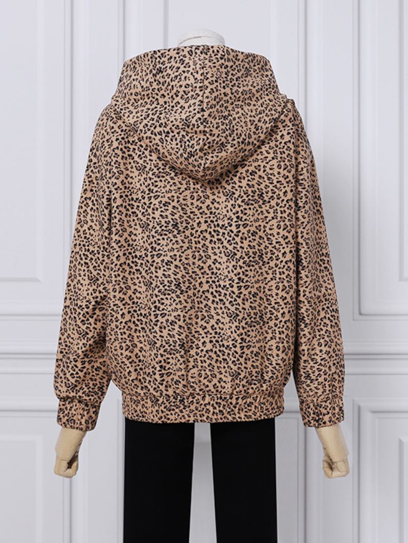 Dam Leopardtryckt Front Pocket Full Sleeve Hooded Collar Casual Sweatshirt