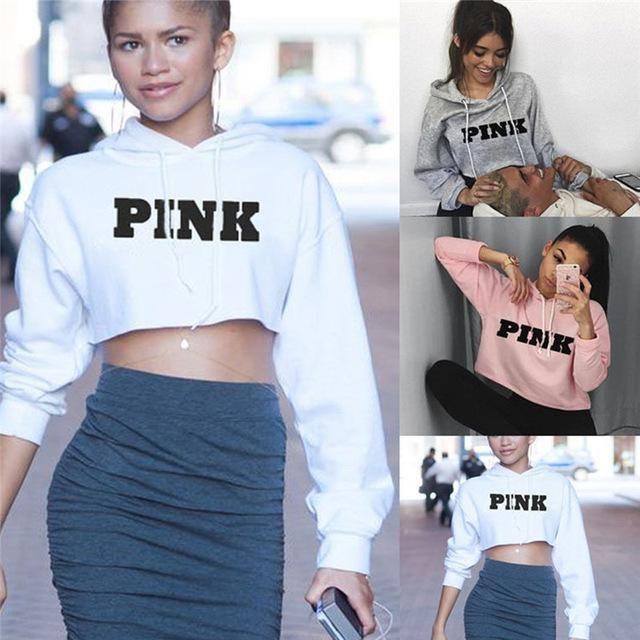 Dam Oversized Hoodies Jumper Sweatshirt Kvinna Rosa Cropped Top