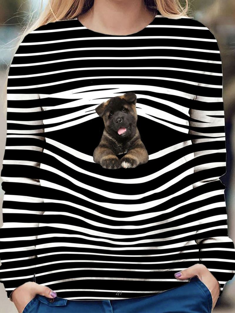 Dam Stripe 3d Dog Med Tryck Pullover O-neck Långärmad Casual Sweatshirts