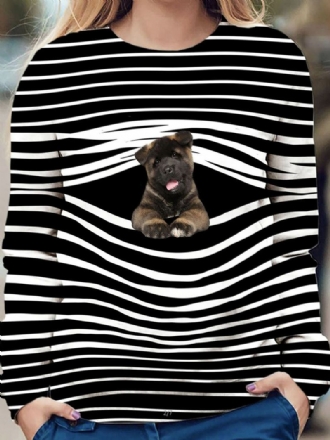 Dam Stripe 3d Dog Med Tryck Pullover O-neck Långärmad Casual Sweatshirts