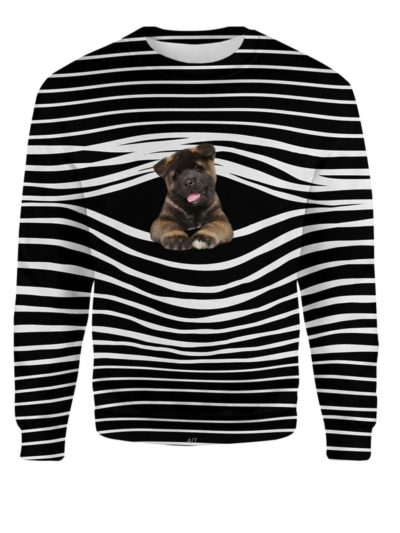 Dam Stripe 3d Dog Med Tryck Pullover O-neck Långärmad Casual Sweatshirts