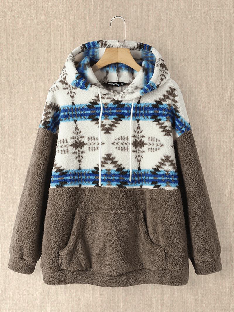 Dam Tribal Patchwork Dragsko Casual Homewear Lamm Lös Hooded Sweatshirt