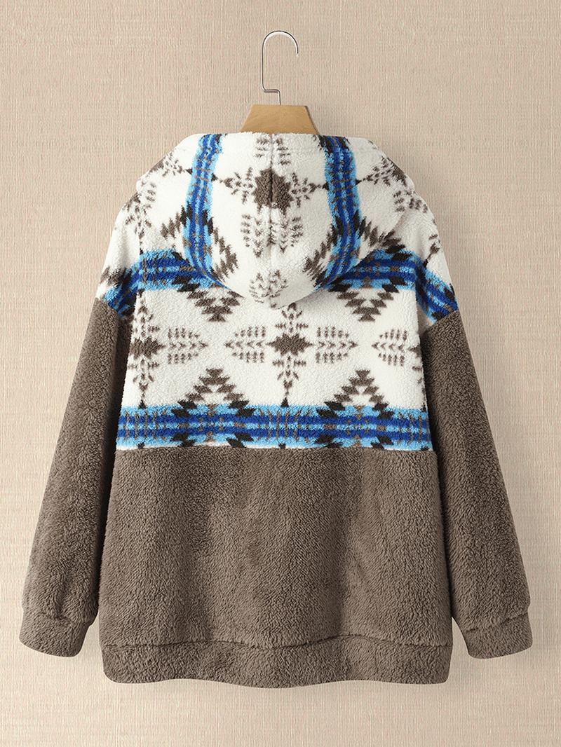 Dam Tribal Patchwork Dragsko Casual Homewear Lamm Lös Hooded Sweatshirt