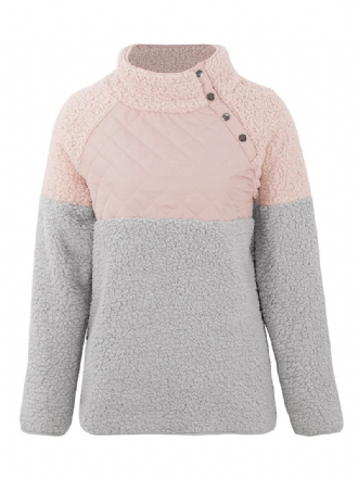 Damer Casual Fleeceknapp Hög Krage Patchwork Sweatshirt