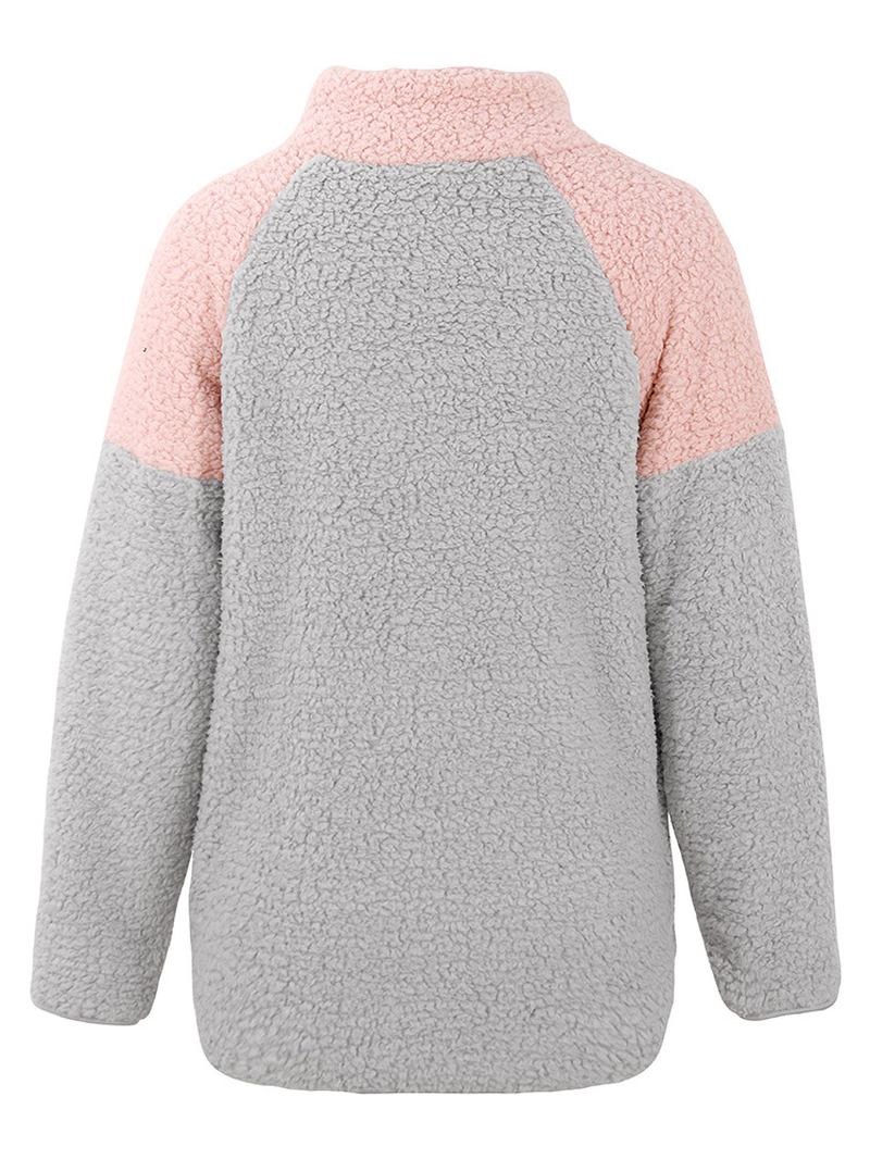 Damer Casual Fleeceknapp Hög Krage Patchwork Sweatshirt