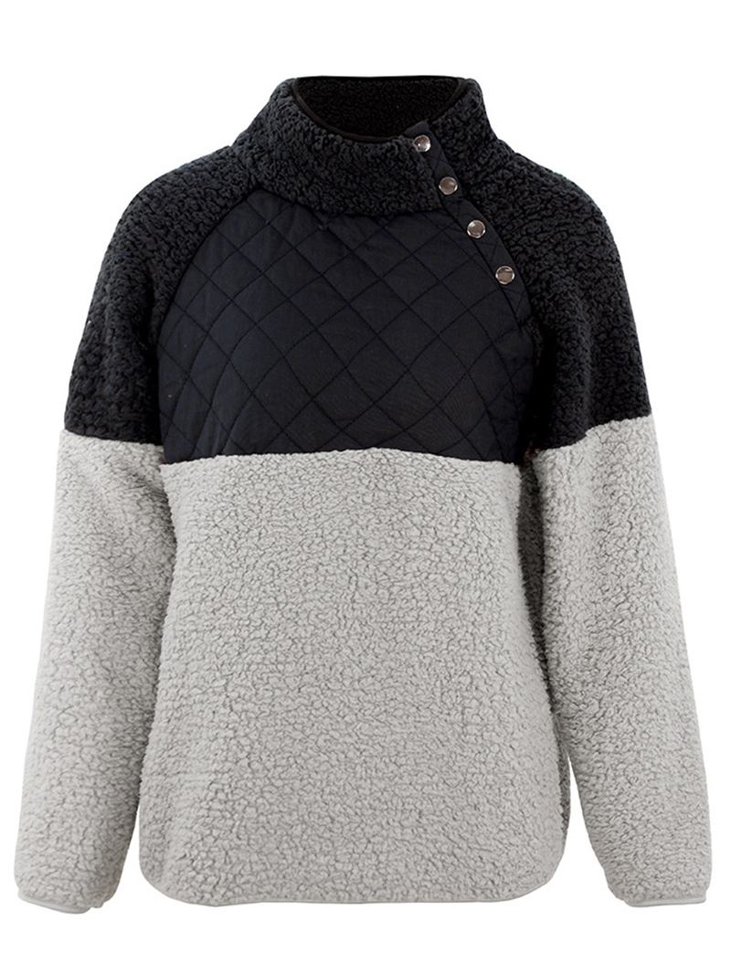 Damer Casual Fleeceknapp Hög Krage Patchwork Sweatshirt