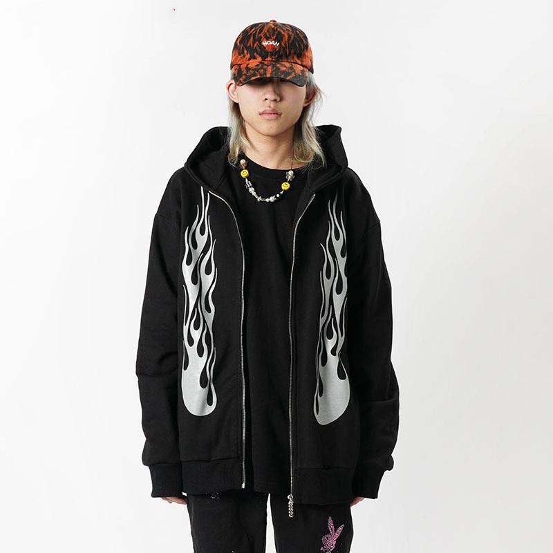 Dark Rock Reflexive Flame Med Tryck Hoodie Sport Cardigan För Män