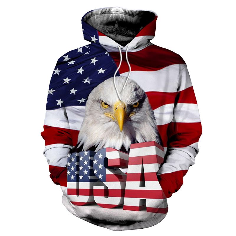 Eagle Med Tryck Hooded Pocket Pullover Sweatshirt