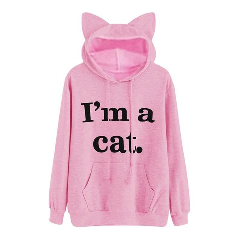 Harajuku Katt Ear Cap Hoodies Dam I Am A Katt Tryckta Huvtröjor Rosa Topp Söt Långärmad Lös Pullover Moletom