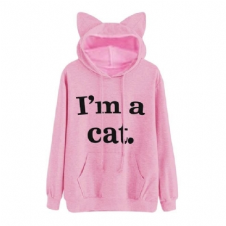 Harajuku Katt Ear Cap Hoodies Dam I Am A Katt Tryckta Huvtröjor Rosa Topp Söt Långärmad Lös Pullover Moletom