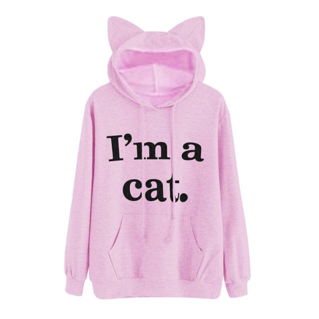 Harajuku Katt Ear Cap Hoodies Dam I Am A Katt Tryckta Huvtröjor Rosa Topp Söt Långärmad Lös Pullover Moletom