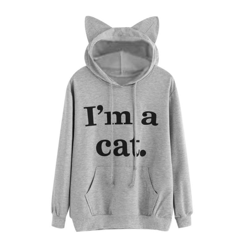 Harajuku Katt Ear Cap Hoodies Dam I Am A Katt Tryckta Huvtröjor Rosa Topp Söt Långärmad Lös Pullover Moletom