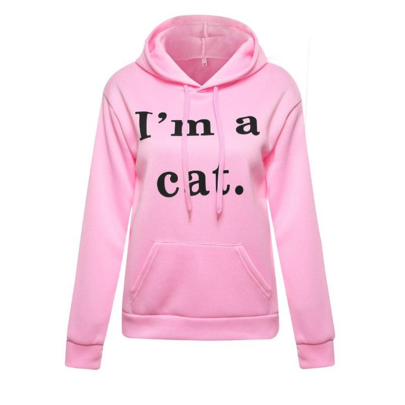 Harajuku Katt Ear Cap Hoodies Dam I Am A Katt Tryckta Huvtröjor Rosa Topp Söt Långärmad Lös Pullover Moletom