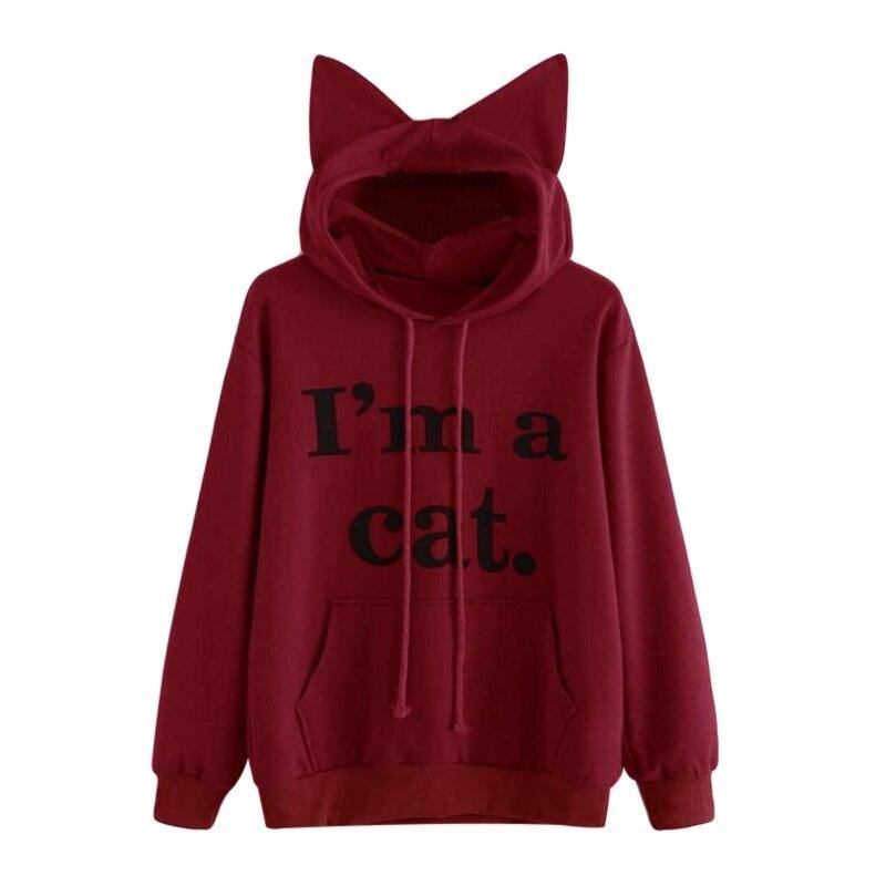 Harajuku Katt Ear Cap Hoodies Dam I Am A Katt Tryckta Huvtröjor Rosa Topp Söt Långärmad Lös Pullover Moletom