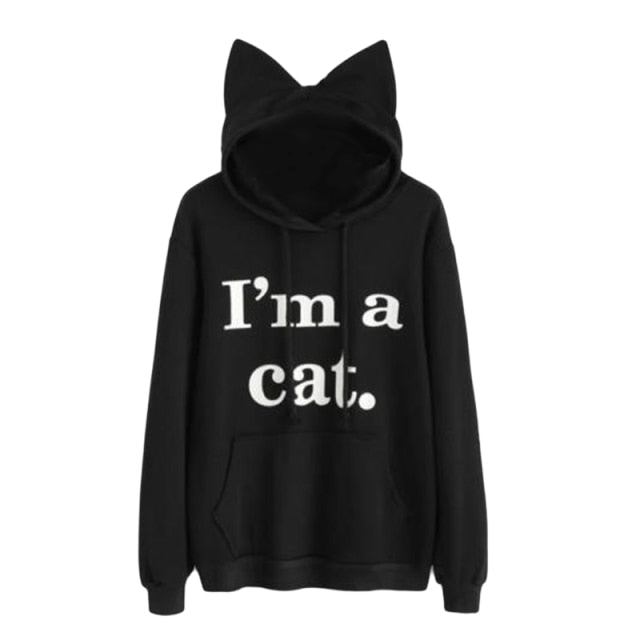 Harajuku Katt Ear Cap Hoodies Dam I Am A Katt Tryckta Huvtröjor Rosa Topp Söt Långärmad Lös Pullover Moletom