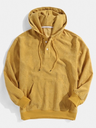 Herr Corduroy Solid Casual Button Henley Hoodies Med Känguruficka