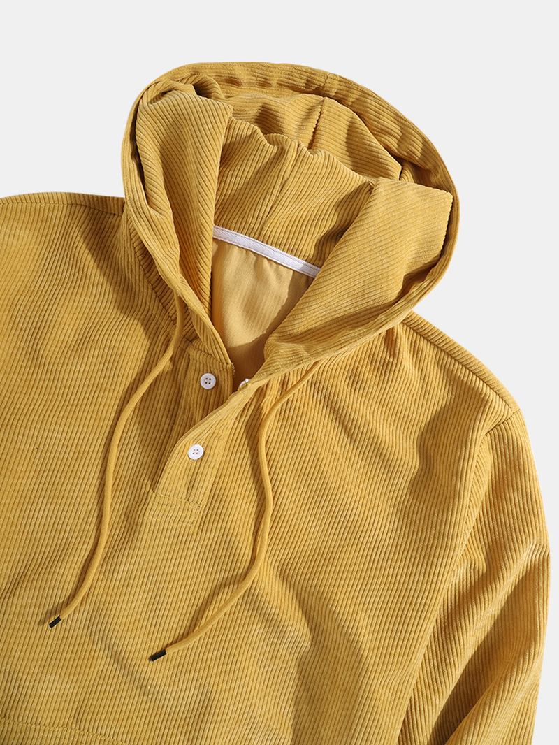 Herr Corduroy Solid Casual Button Henley Hoodies Med Känguruficka