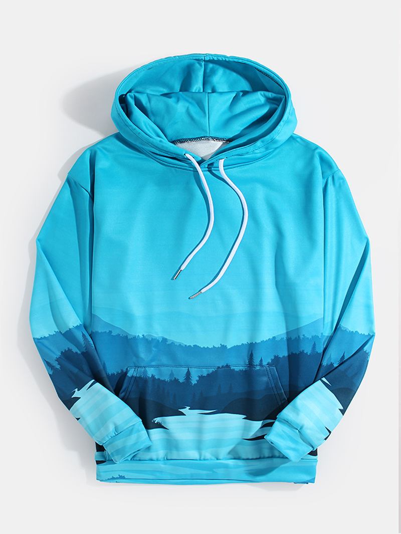 Herr Landskapsgrafik Kangaroo Pocket Dragstring Hoodies