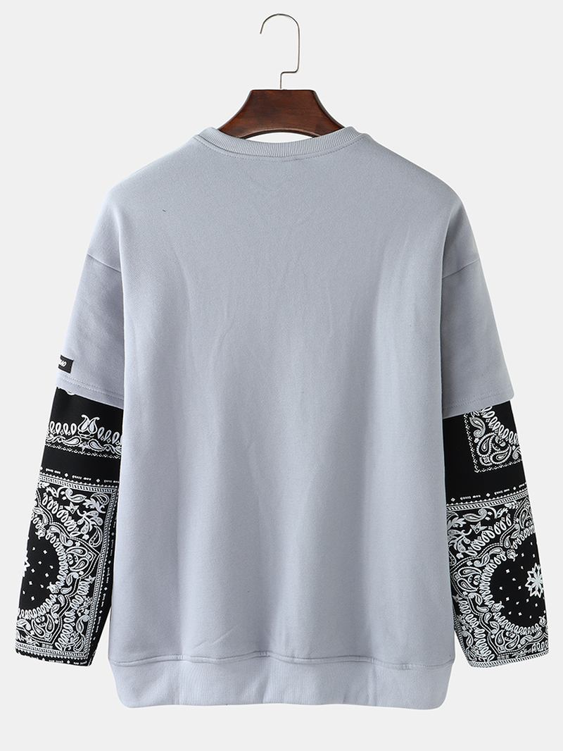 Herr Patchwork Paisley Med Tryck Faux Twinset Pullover Drop Shoulder Sweatshirts