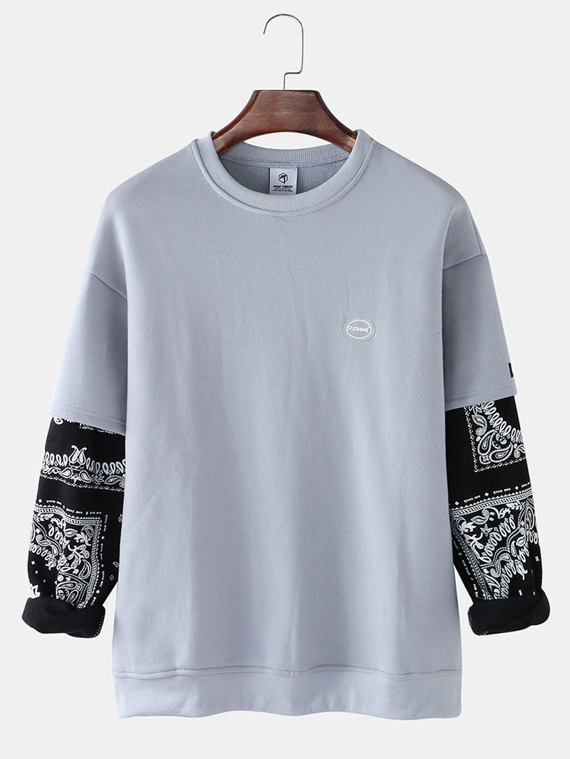 Herr Patchwork Paisley Med Tryck Faux Twinset Pullover Drop Shoulder Sweatshirts