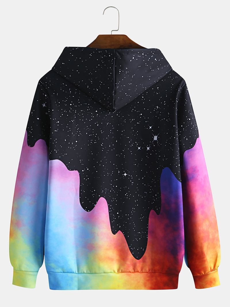 Herr Starry Sky Pattern Tie Dye Kangaroo Pocket Long Sleeve Casual Hoodies