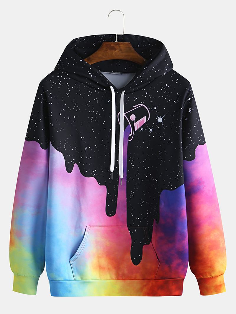 Herr Starry Sky Pattern Tie Dye Kangaroo Pocket Long Sleeve Casual Hoodies