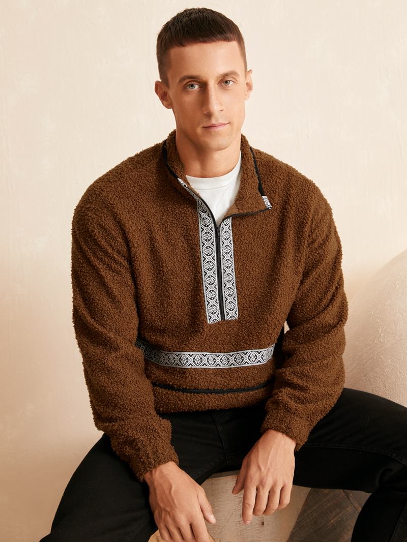 Herr Teddy Tribal Zip Pocket Half Zip Pattern Pullover Sweatshirt