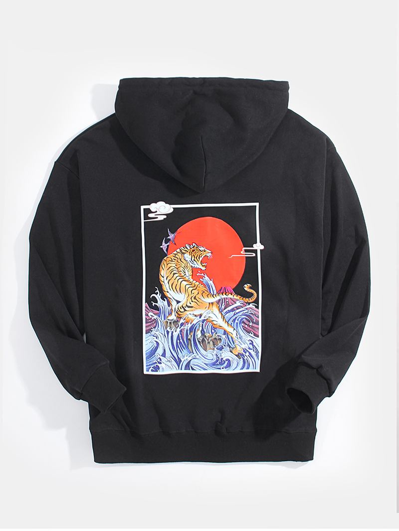 Herr Ukiyoe Tiger Back Graphics Hoodies Med Dragsko