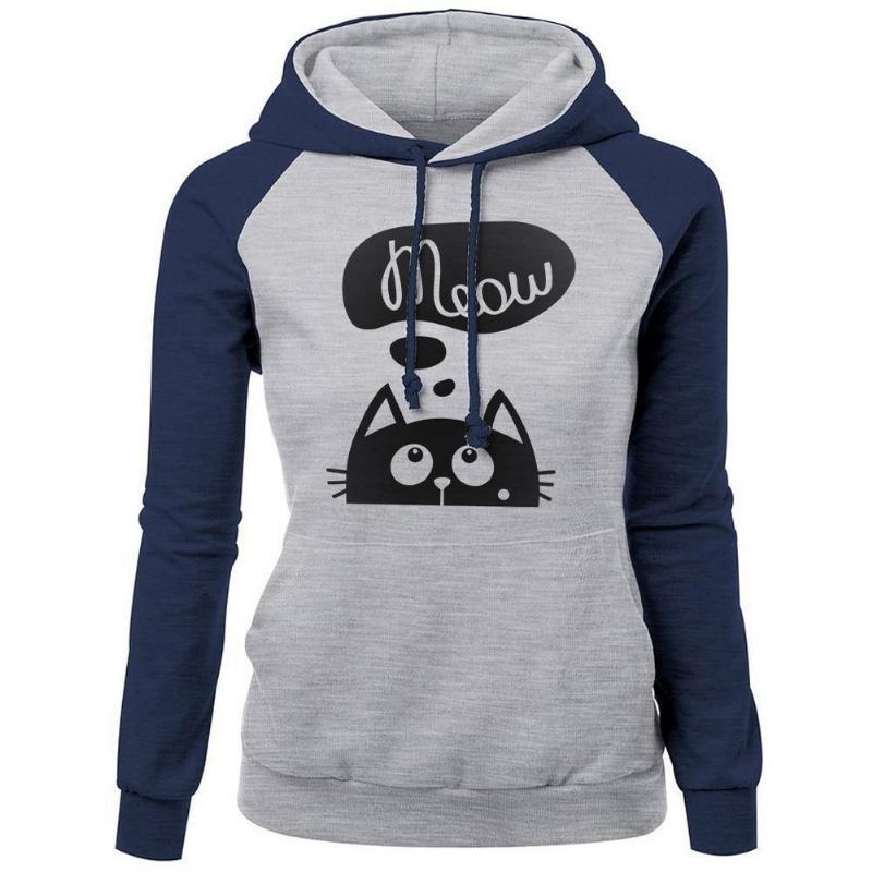 Höst Vinter Nya Huvtröjor För Dam Sweatshirt Katt Meow Med Tryck Mode Hoody Kpop Sweatshirts Raglan Harajuku Hoodie