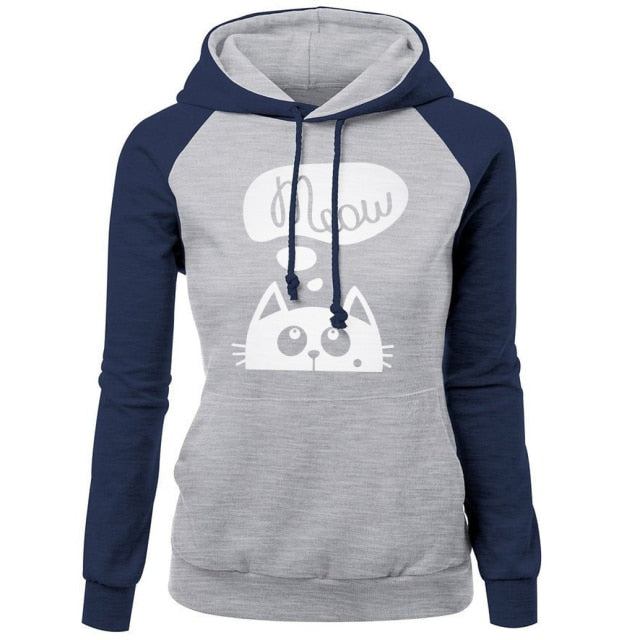 Höst Vinter Nya Huvtröjor För Dam Sweatshirt Katt Meow Med Tryck Mode Hoody Kpop Sweatshirts Raglan Harajuku Hoodie