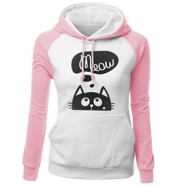 Höst Vinter Nya Huvtröjor För Dam Sweatshirt Katt Meow Med Tryck Mode Hoody Kpop Sweatshirts Raglan Harajuku Hoodie