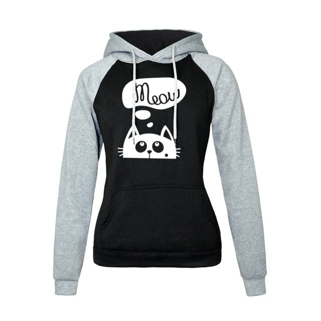 Höst Vinter Nya Huvtröjor För Dam Sweatshirt Katt Meow Med Tryck Mode Hoody Kpop Sweatshirts Raglan Harajuku Hoodie