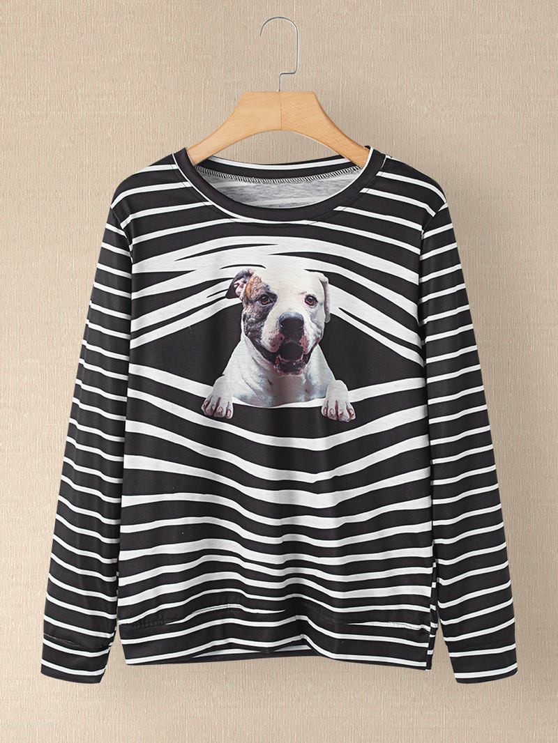 Kvinnor 3d Hund & Stripe Med Tryck O-neck Pullover Casual Sweatshirts