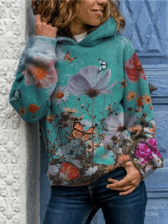 Kvinnor Butterfly Blommor Med Tryck Långärmad Casual Pullover Hoodies