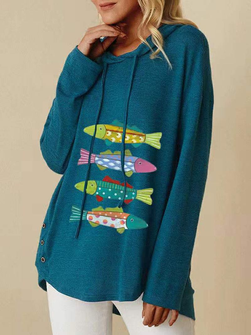 Kvinnor Cartoon Fishes Med Tryck Sidoknapp Dragsko Casual Lös Pullover Hoodie