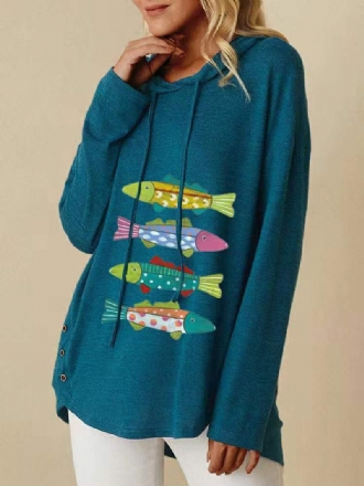 Kvinnor Cartoon Fishes Med Tryck Sidoknapp Dragsko Casual Lös Pullover Hoodie