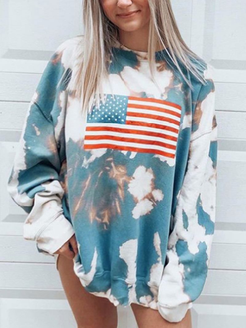 Kvinnor Flag Med Tryck Tie Dye Pullover Lös Långärmade Sweatshirts