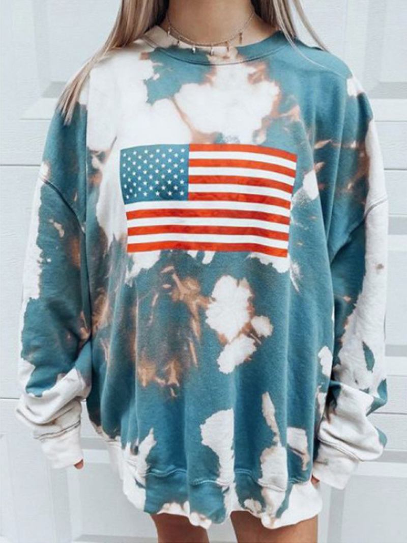 Kvinnor Flag Med Tryck Tie Dye Pullover Lös Långärmade Sweatshirts